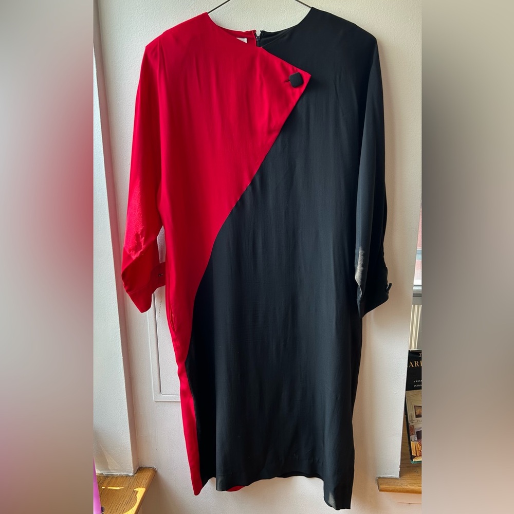 VTG 80'S Sz 14 100% Silk Red Black Color Block Dress New Wave Avant Garde Glam